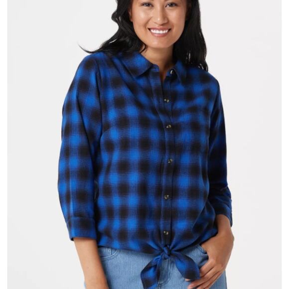 Belle by Kim Gravel Plus Size 2X Button & Tie Front Plaid Top w/ Chest Pocket - Picture 1 of 8